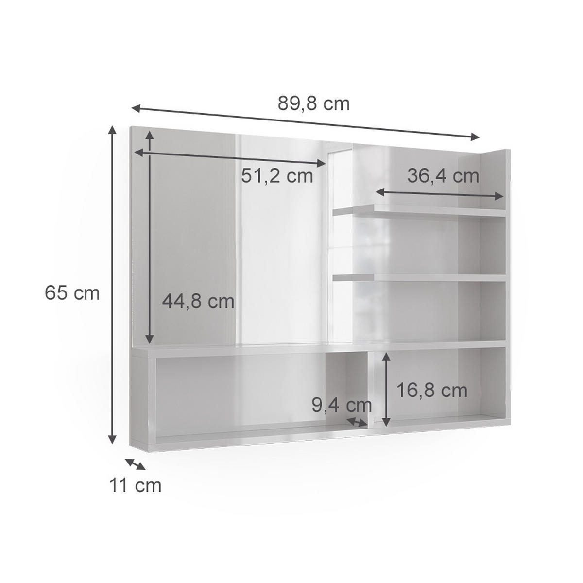 SPIEGELREGAL Weiß Hochglanz 89.8 x 65 cm mit offenen Fächern - Weiß Hochglanz, Holzwerkstoff (89.8/65/11cm) - Vicco
