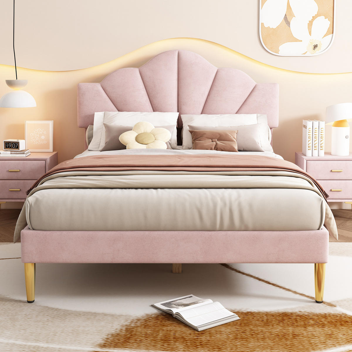 KINDERBETT 140/190 cm aus Samt in Rosa mit verstellbarem Kopfteil - Rosa, Textil (140/190cm) - Flora Grace