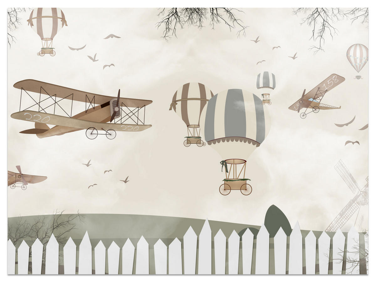 FOTOTAPETE für Kinderzimmer Retro Flugzeuge Ballons Vintage Beige 200x140 - Beige/Braun, Papier (200/140cm) - Muralo