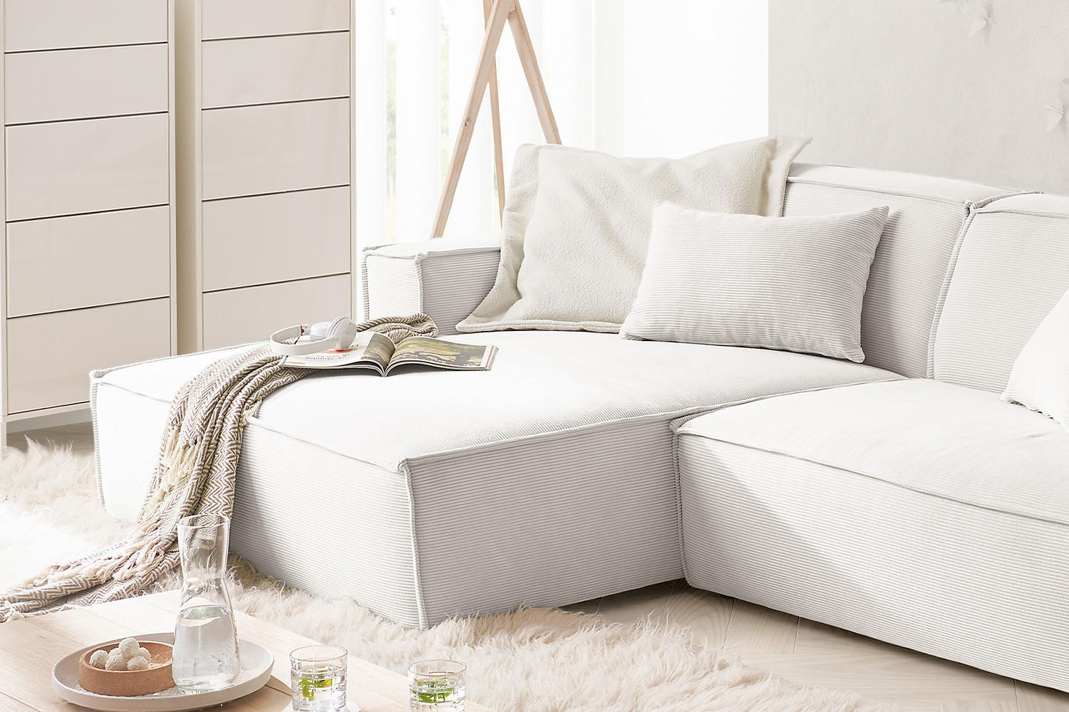 ECKSOFA SAMU Weiß Cord - Schwarz/Weiß, Textil (276/168cm) - KAWOLA