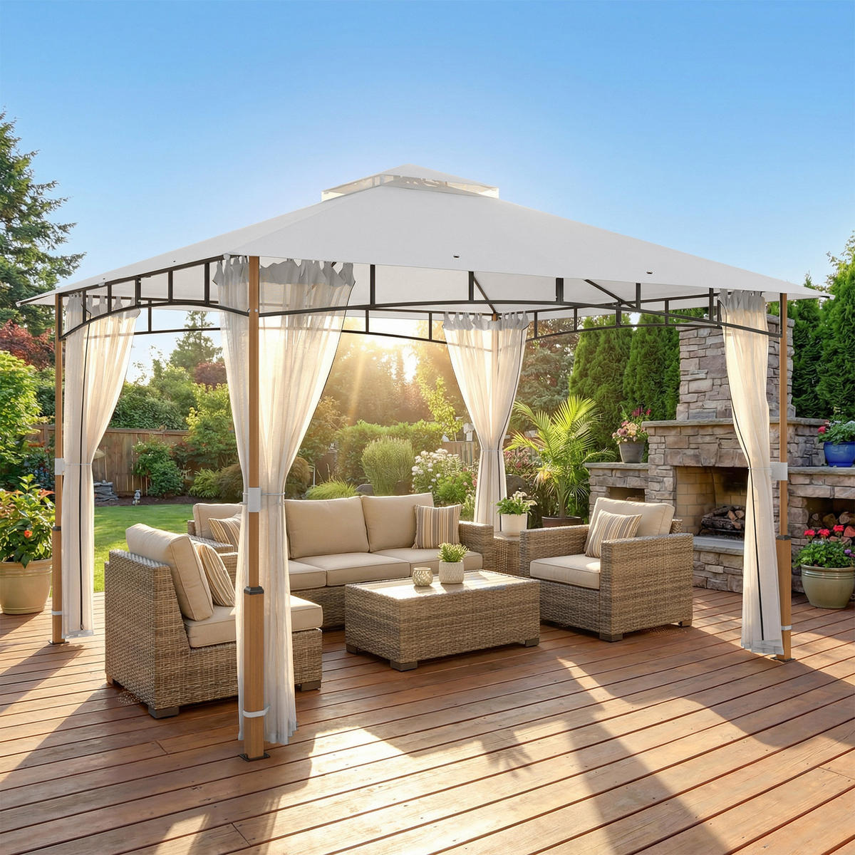 GARTENPAVILLON, Sonnenschutznetz, Teakholz creme - Creme, Textil (69/32/243cm) - Vallsero