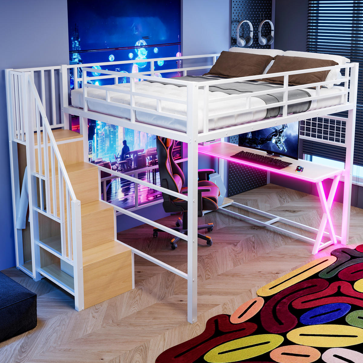 HOCHBETT 160/200 cm mit LED, Schreibtisch und Kleiderschrank, DE-04920, in Weiß - Weiß, Metall (160/200cm) - ComfortXL