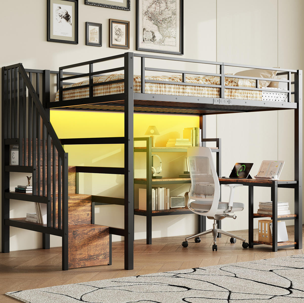 HOCHBETT 140/200 cm Schwarz mit Schreibtisch und LED - Schwarz, Metall (140/200cm) - MIVRAY