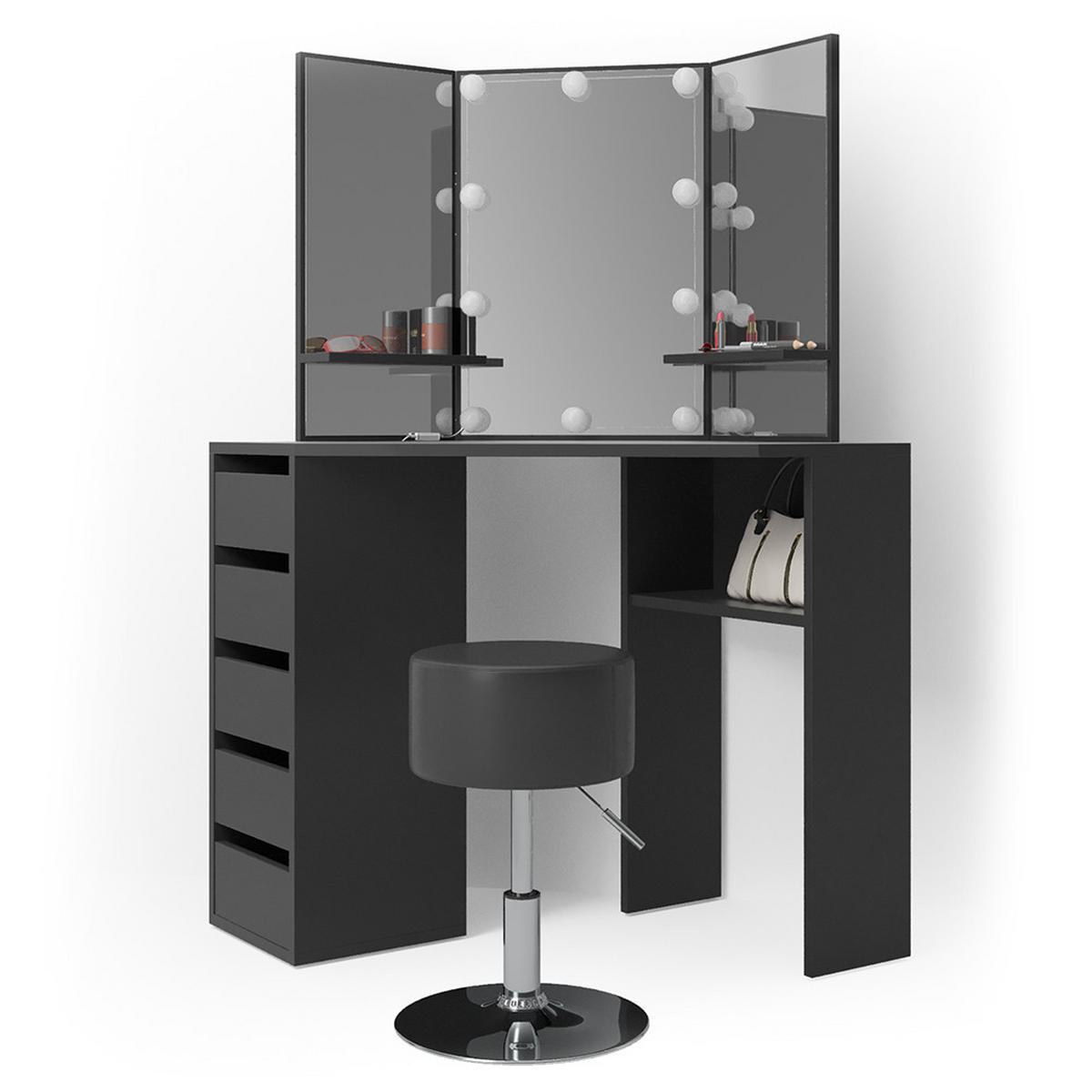 ECKSCHMINKTISCH Arielle Schwarz 110 cm mit LED Beleuchtung und Hocker - Schwarz, Holzwerkstoff (110/141.5/54cm) - Vicco