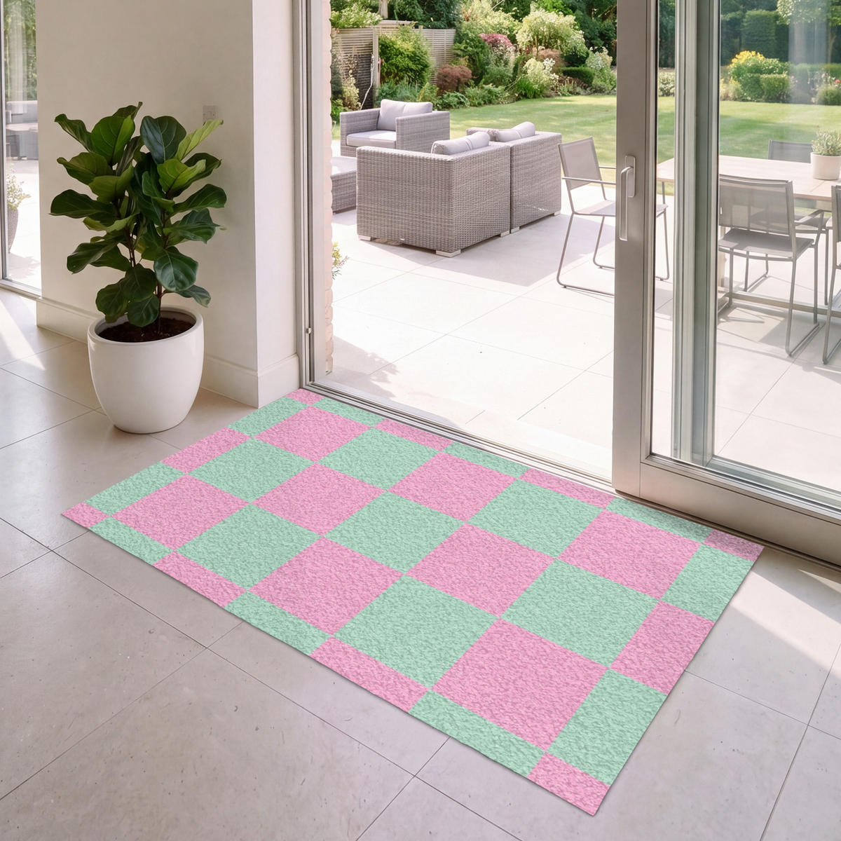 FUSSMATTE Schachbrettmuster - Grün - Rosa - Würfel Fußabtreter 150x90 cm - Mintgrün, Kunststoff (150/90cm) - MuchoWow