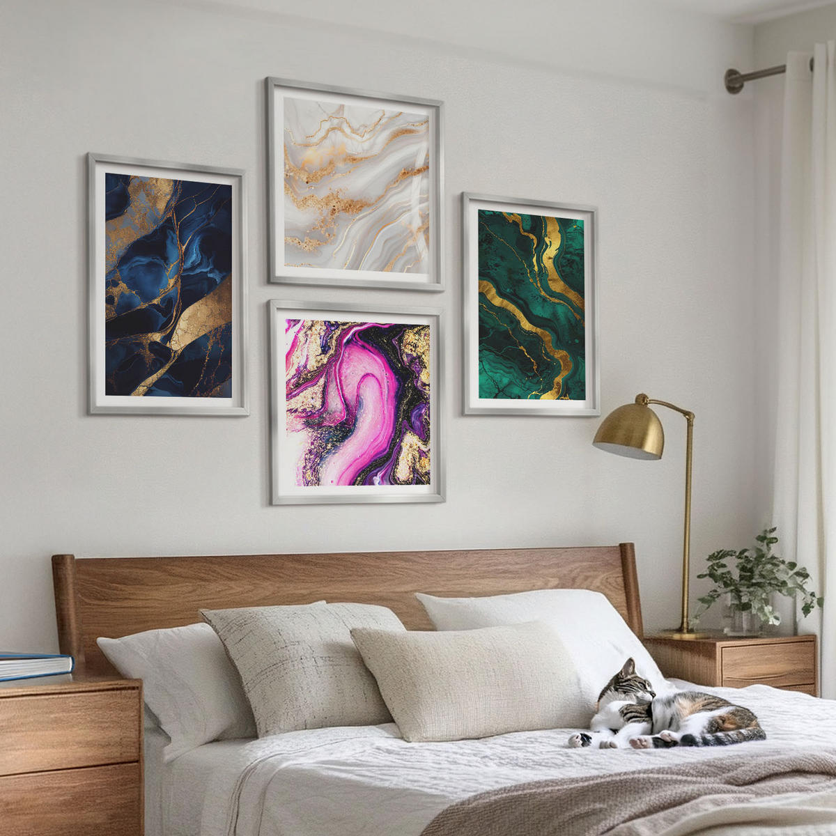 WANDBILDER 4er Set - 50x50 cm & 40x60 cm Silberner Rahmen - Abstrakter Marmor mit Farben - Silberfarben, Kunststoff (50/50cm) - ArtPrintCave