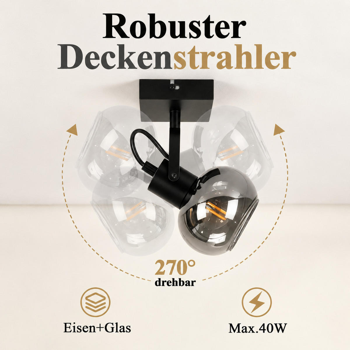 DECKENSTRAHLER Thromel 11/11/17 cm - Schwarz, Glas/Metall (11/11/17cm) - ZMH