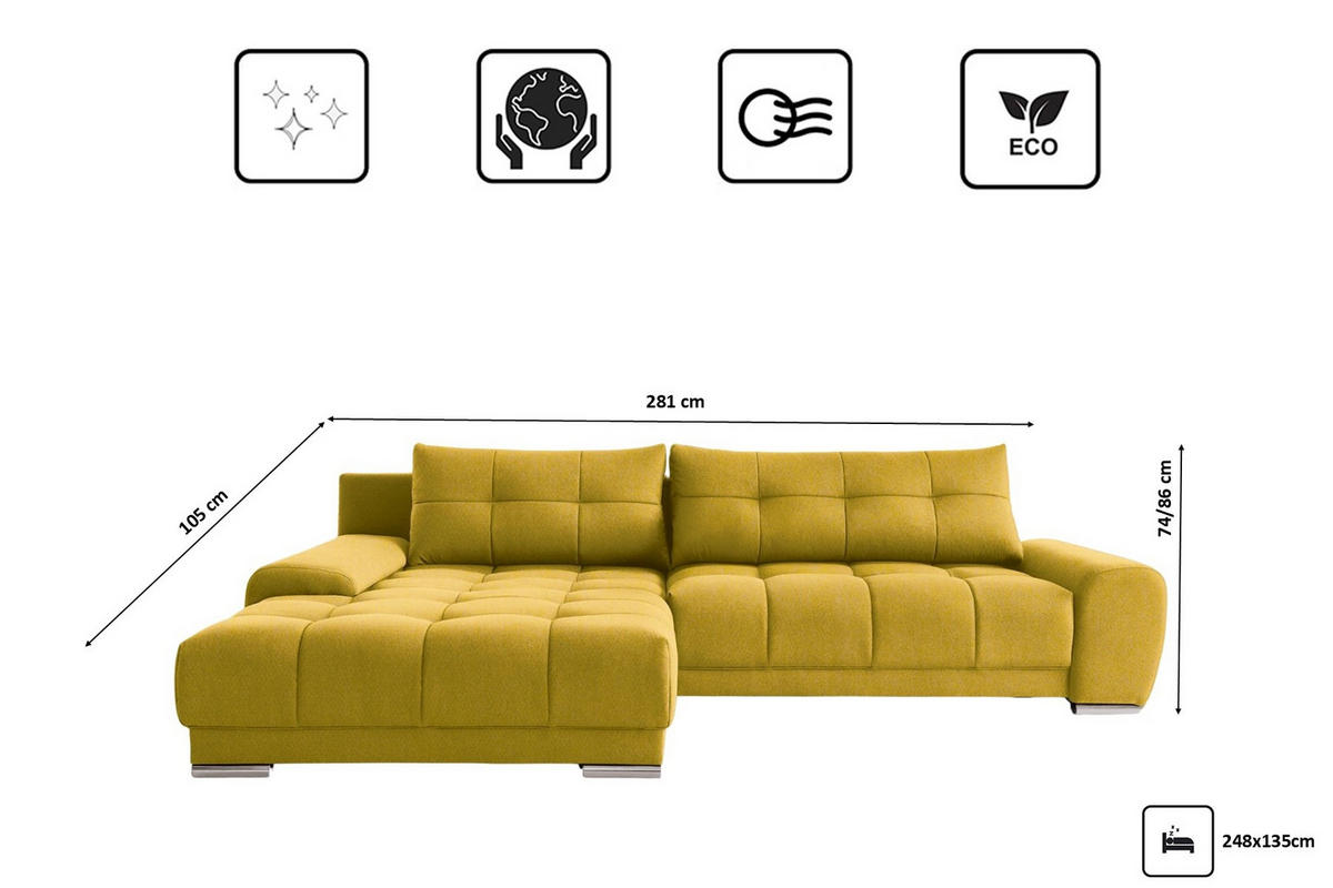 ECKSOFA WAVE Mit Schlaffunktion, Stoff SORO, Gelb Links - Gelb, Holz (105/281cm) - Kaiser Möbel