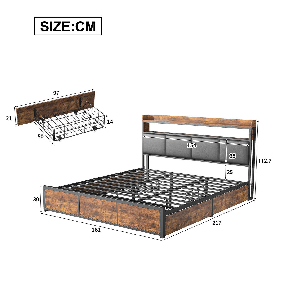 DOPPELBETT 160x200 cm mit LED-Beleuchtung und 4 Schubladen, Polsterbett mit Lattenrost - Schwarz, Holz/Metall (160/200cm) - PARAFTA HOME