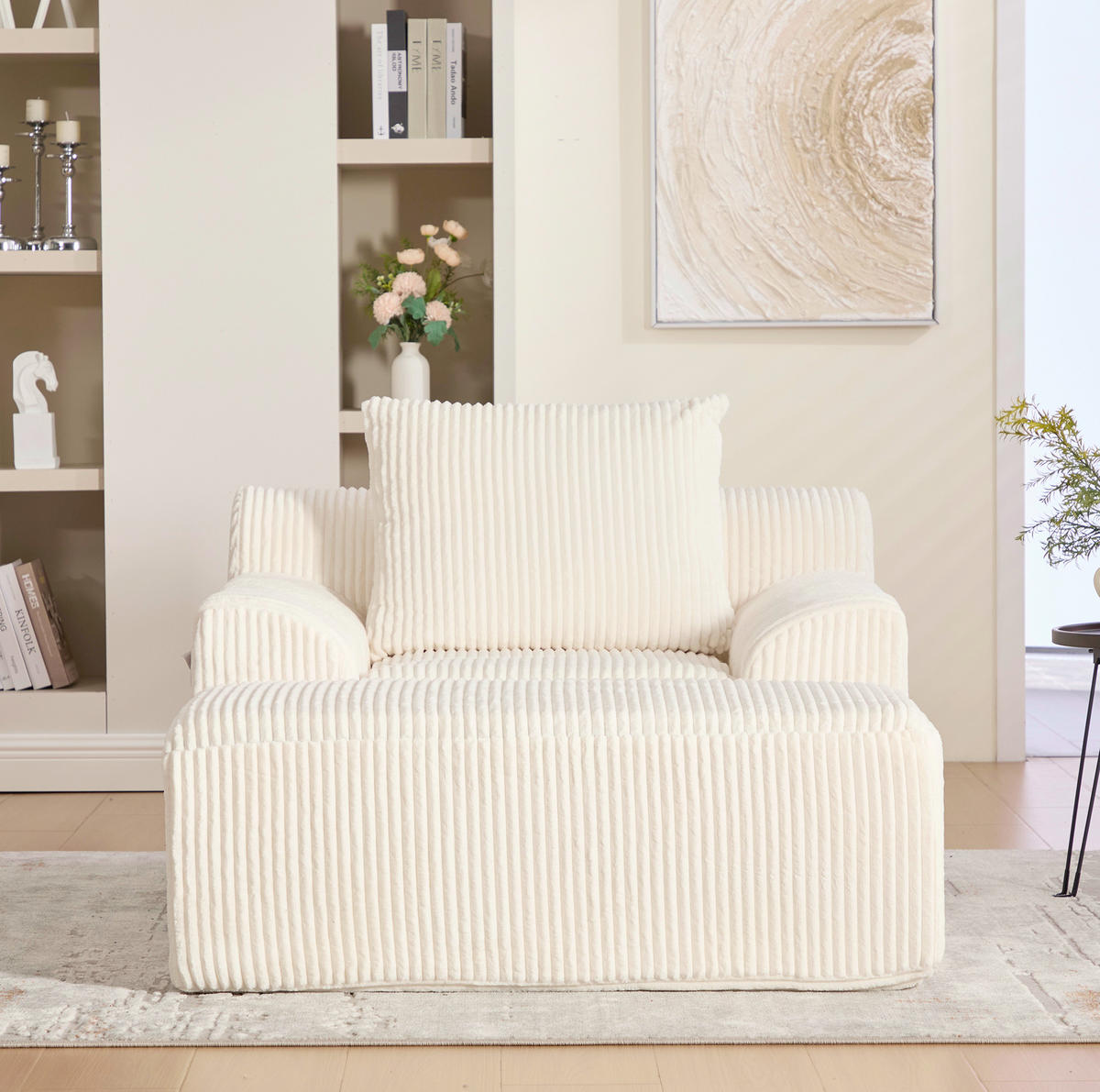 SESSEL aus Cord 147x110x67 cm Beige mit Fußhocker, Seitentaschen und montagefreiem Komfort - Beige, Textil (110/67/147cm) - Modfu