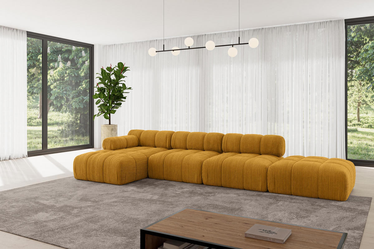 ECKSOFA modulares Sofa Lizur-L2 - 380x160x70 cm Senfgelb Cord - Currygelb, Holzwerkstoff/Textil (380/160cm) - ALTDECOR