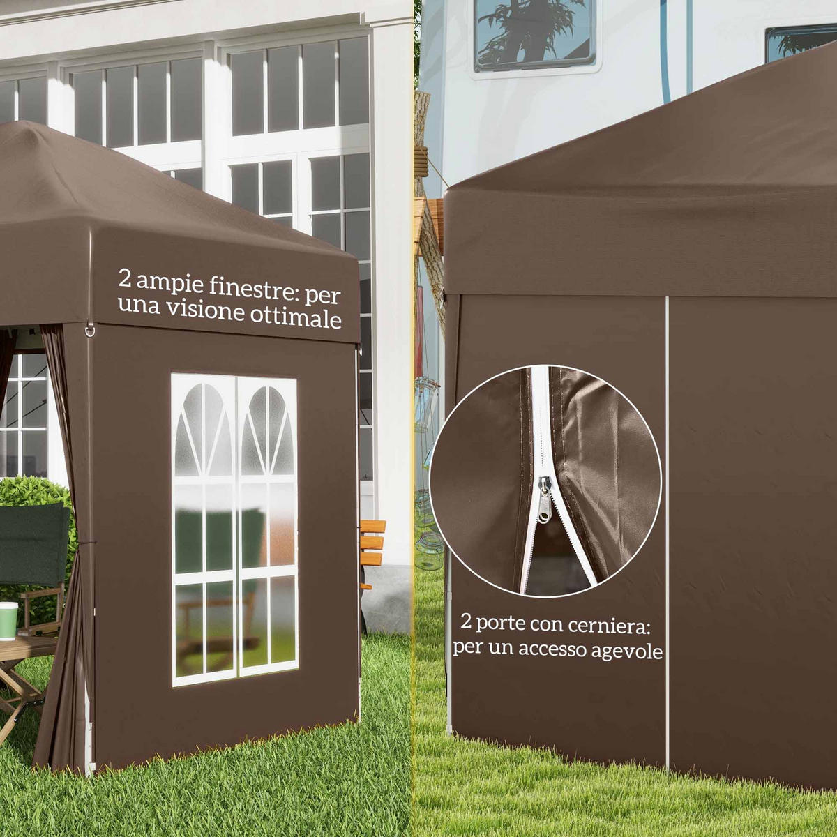 PAVILLON (2 x 2 m) mit 4 abnehmbaren Seitenwänden und Tragetasche,Faltbarer, braun - Braun, Metall (2/2.4/2cm) - Vallsero