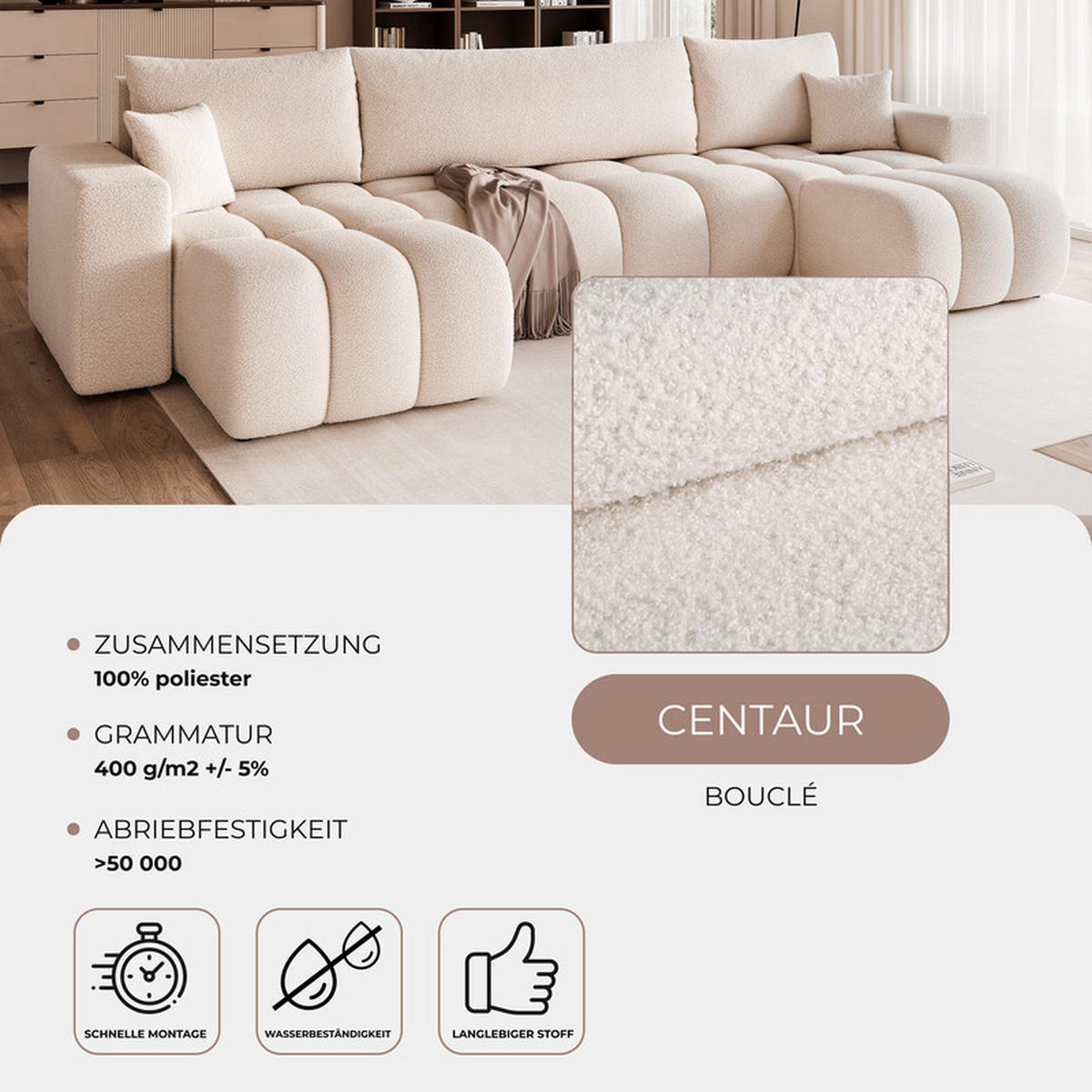 WOHNLANDSCHAFT OFI mit Schlaffunktion und Bettkasten Creme - Creme, Holzwerkstoff/Kunststoff (318/79/145cm) - Idohome