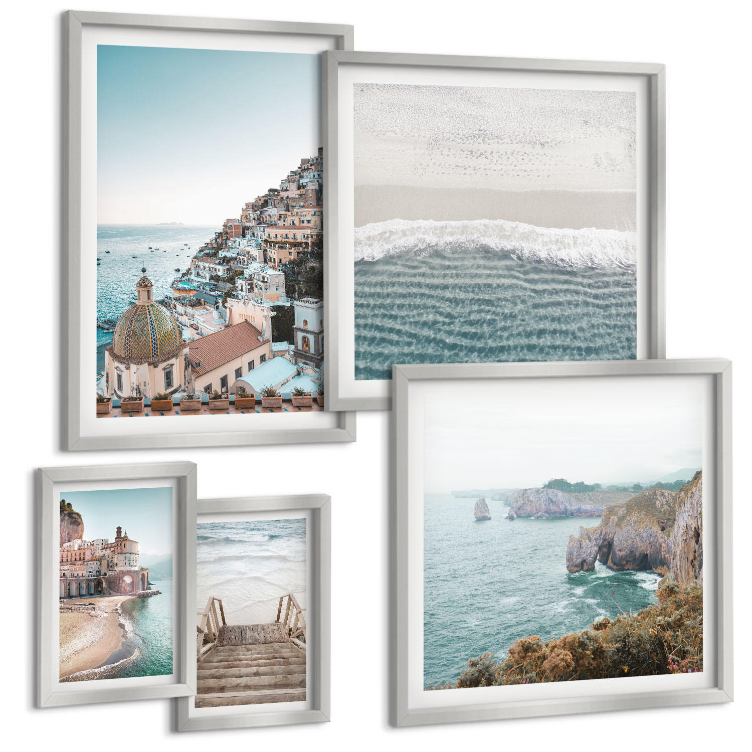 BILDER SET 5er Set - 50x50 cm & 20x30 cm & 40x60 cm Silberner Rahmen - Wasserfälle, Berge, Brücken, Bäume - Silberfarben, Kunststoff (40/60cm) - TULUP