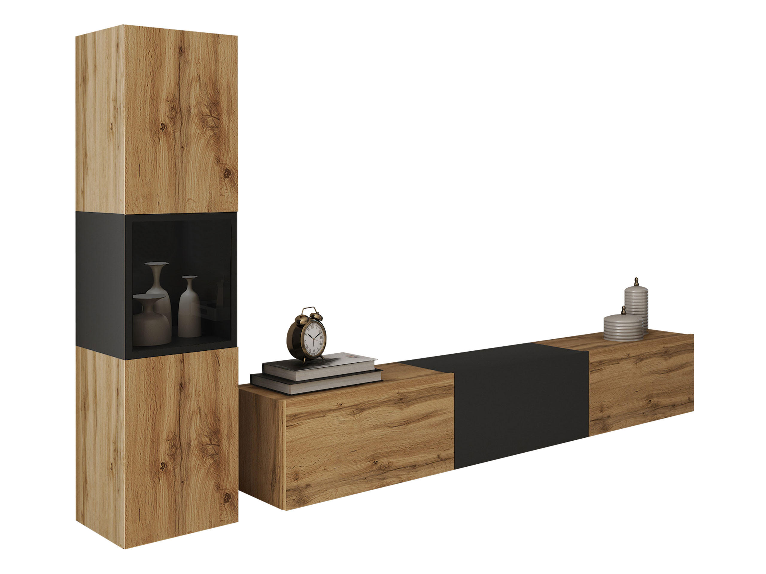 Mirjan24 Wohnwand Eiche Wotan, Schwarz 180x30x33 cm