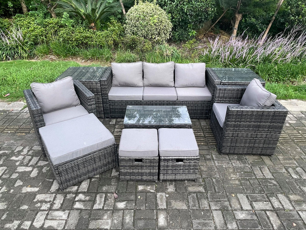 GARTENSOFA SET Polyrattan Dunkelgrau 8-Sitzer - Dunkelgrau, Metall - Fimous