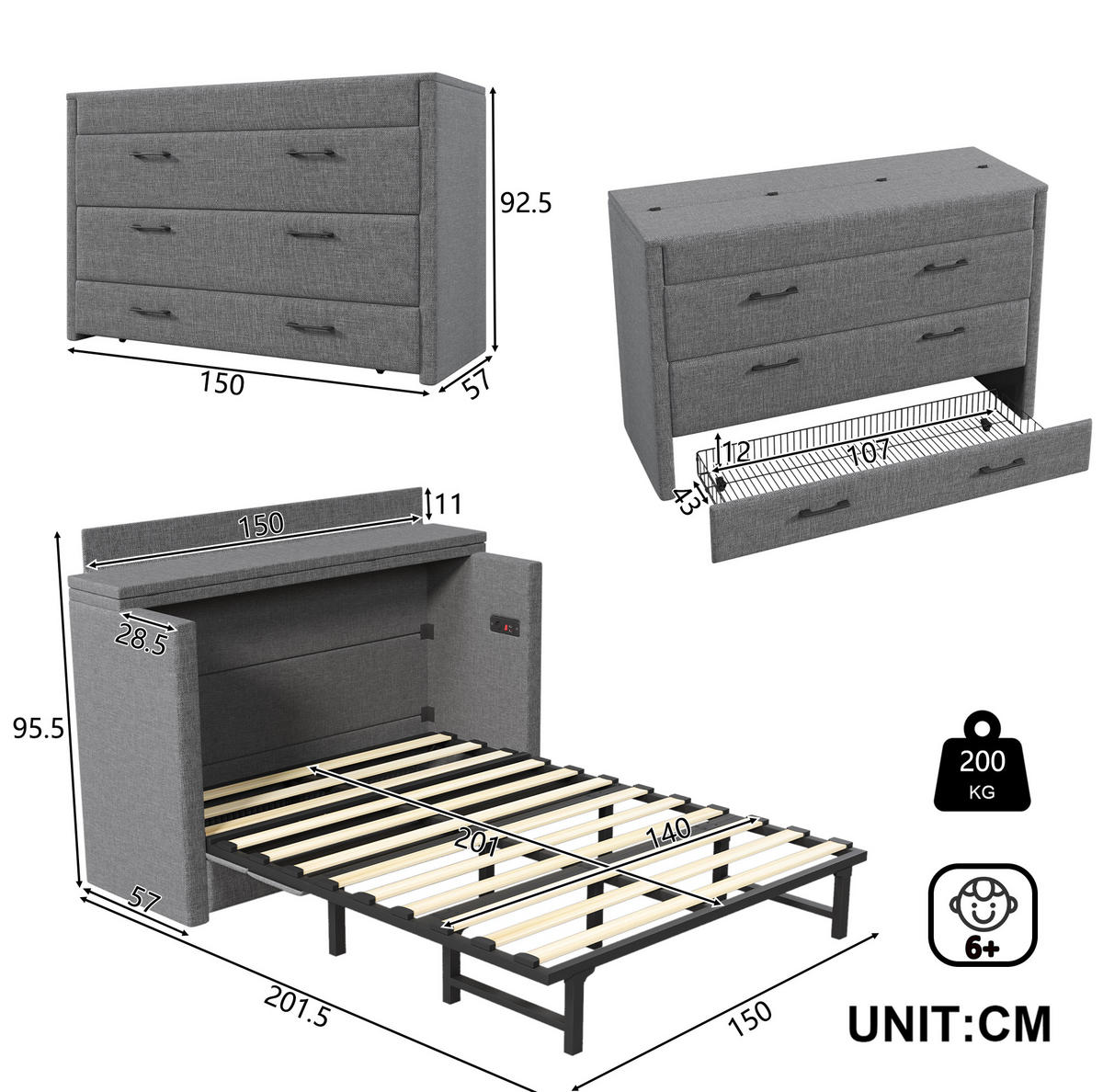 SCHRANKBETT aus Leinen und MDF 140x200 cm Grau mit Schublade, Ablagefach sowie USB- und Typ-C-Anschlüssen - Grau, Textil (90/200cm) - IVMEU