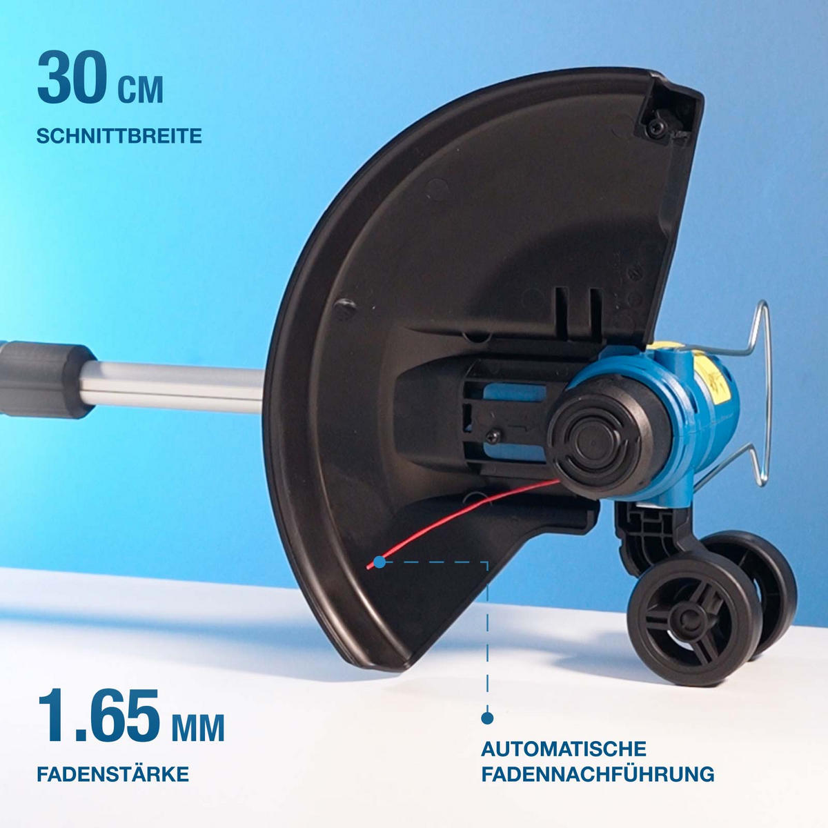 AKKU-RASENTRIMMER 20V 30 cm, dreh- und schwenkbarer Trimmerkopf, Teleskopstange & Kantenführungsrad – 2Ah-Akku und Ladegerät - Blau, Kunststoff (32/36.5cm) - HYUNDAI