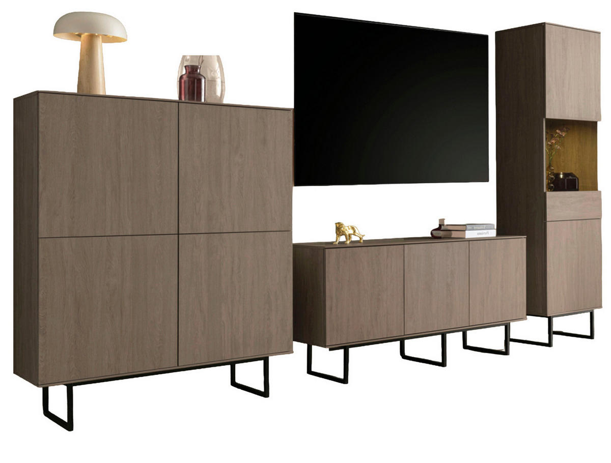WOHNWAND in Nussbaum 3-teilig 353 cm, Komplett-Set mit Push-to-Open - Nussbaumfarben/Schwarz, Holzwerkstoff/Metall (353/200/40cm) - Furn.Design
