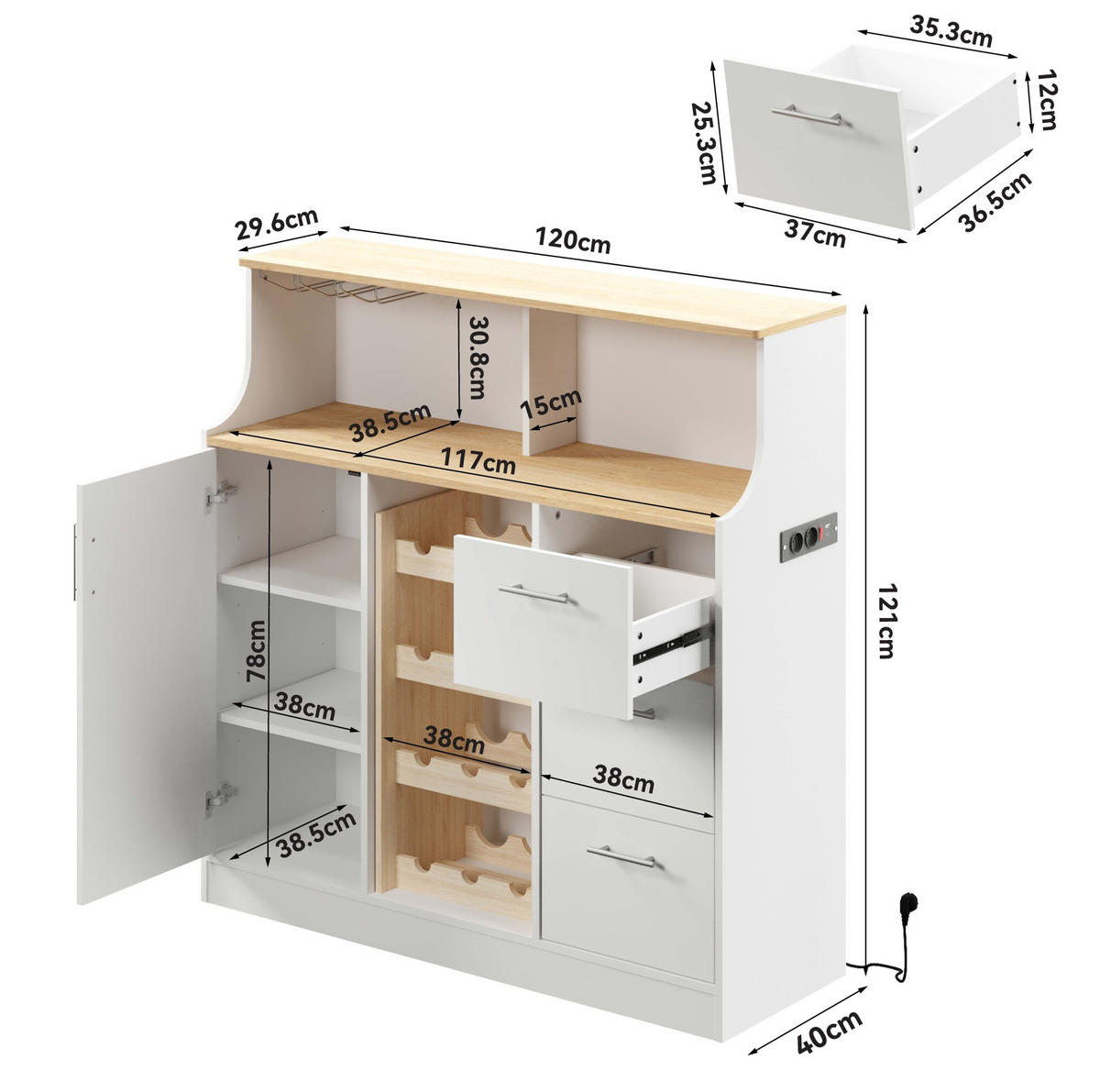 KUHINJSKI ormarić 120/40/121 cm bijeli i natur od MDF-a s LED rasvjetom i stalkom za vino - bijela, drvni materijal (120/121/40cm) - OKWISH