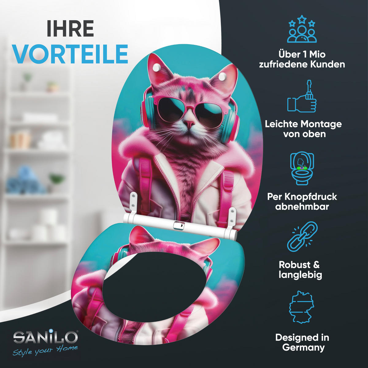 WC-SITZ mit Absenkautomatik & Top Fix Neon Cat - Pink, Holzwerkstoff (37.7/5/48cm) - Sanilo