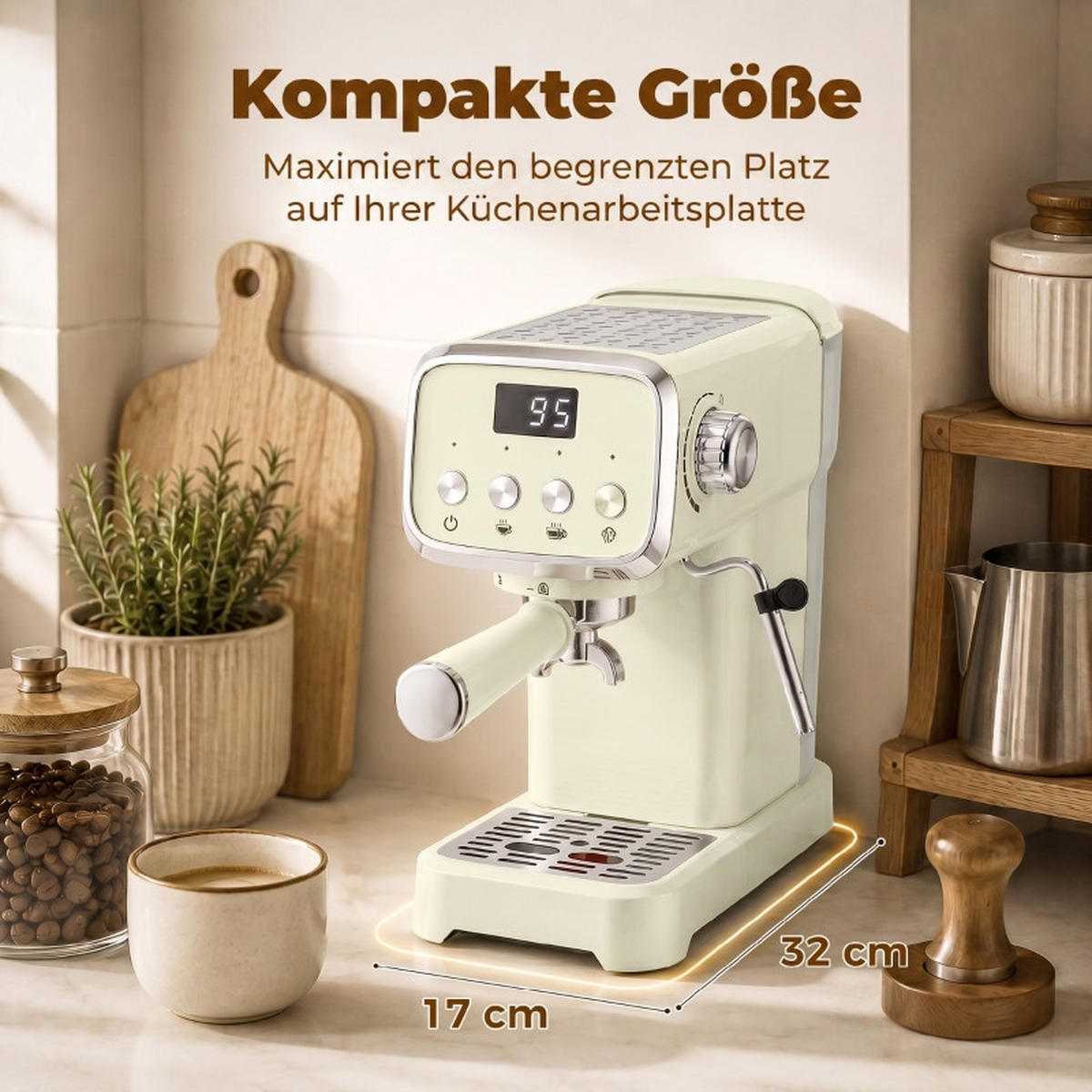 SIEBTRÄGERMASCHINE 32/17/31 cm, Cremeweiß, 20‑Bar‑Druck, Milchaufschäumer, 1,2‑l‑abnehmbarer Wassertank - Creme, Metall (17/31/32cm)