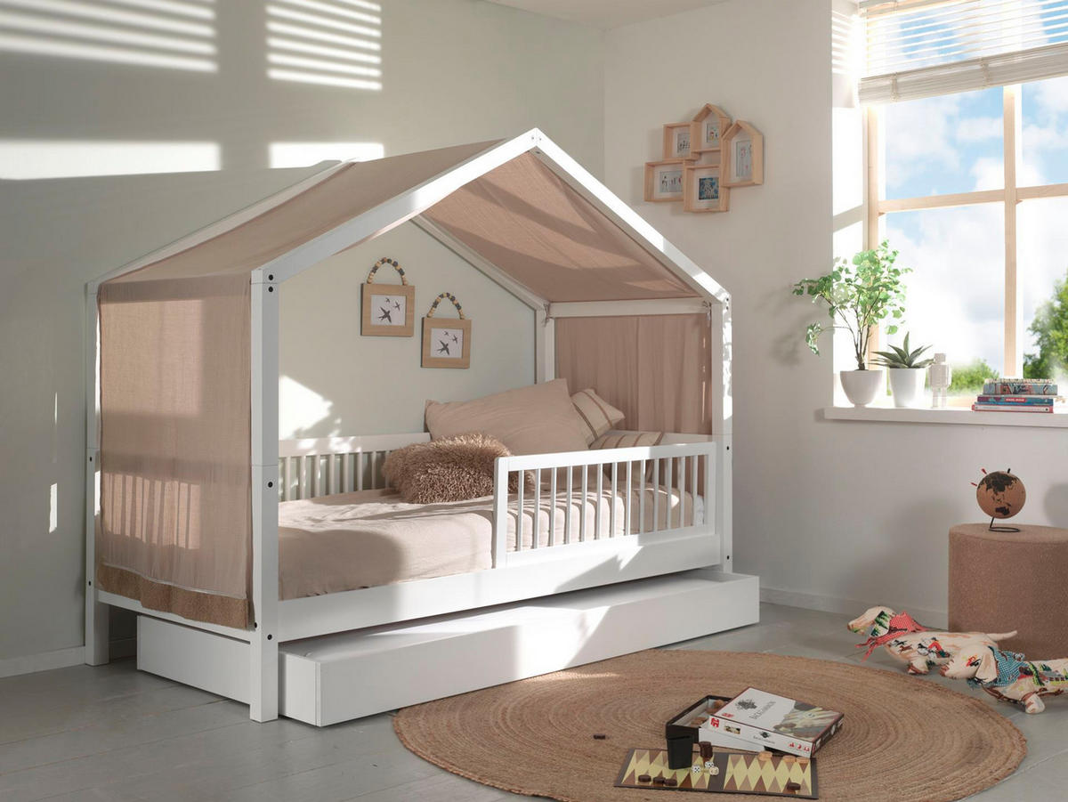 HAUSBETT 90x200 Keeley Buche Weiß Holz Himmel Schublade Komfort - Weiß, Holz (90/200cm) - 58aufmkessel