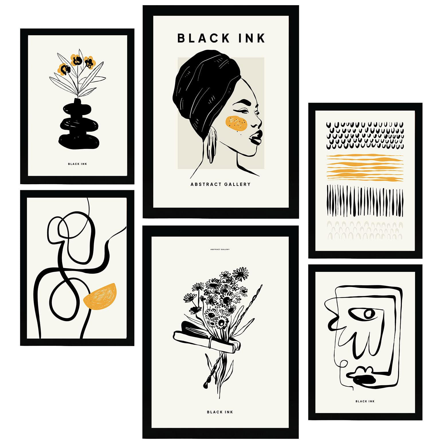 POSTER Set Mit 6 In Schwarzer Tinte Natürlich Künstlerische Und Abstrakte Drucke Für Innenarchitektur A3 & A4 Schwarzer Rahmen - Schwarz, Papier (29/3cm) - Nacnic