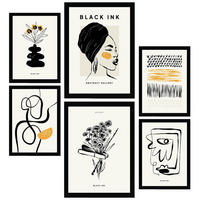 POSTER Set Mit 6 In Schwarzer Tinte Natürlich Künstlerische Und Abstrakte Drucke Für Innenarchitektur A3 & A4 Schwarzer Rahmen - Schwarz, Papier (29/3cm) - Nacnic