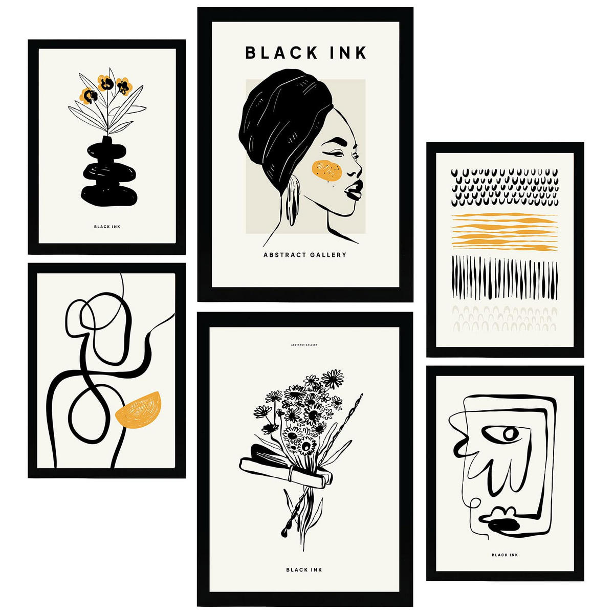 POSTER Set Mit 6 In Schwarzer Tinte Natürlich Künstlerische Und Abstrakte Drucke Für Innenarchitektur A3 & A4 Schwarzer Rahmen - Schwarz, Papier (29/3cm) - Nacnic