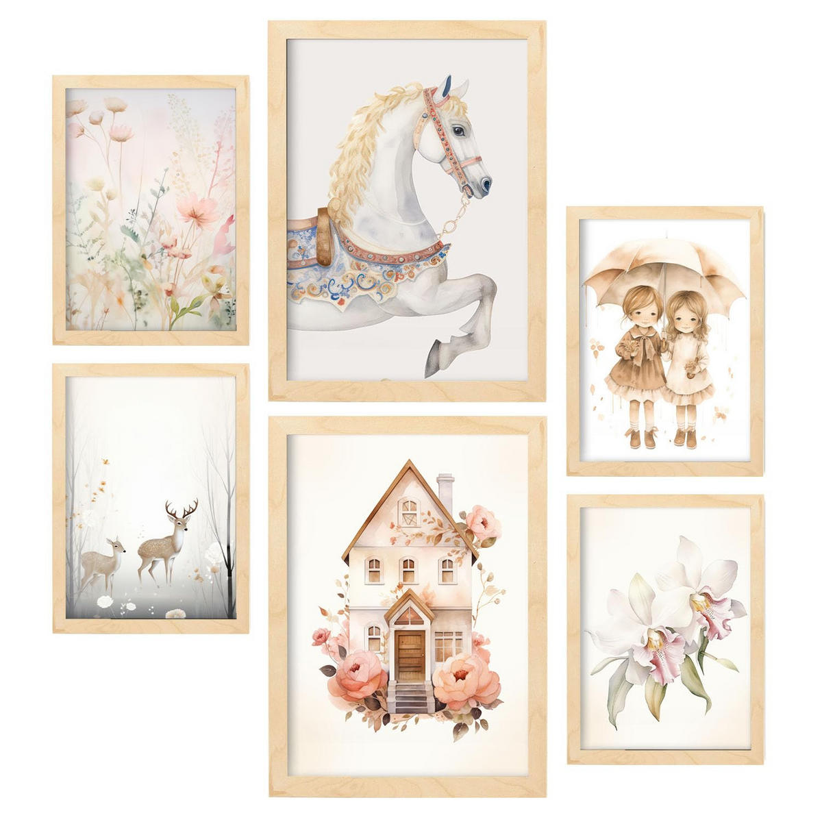 POSTER Set Mit 6 Romantisch A3 & A4 Rahmen Aus Hellem Holz - Beige, Papier (29/3cm) - Nacnic