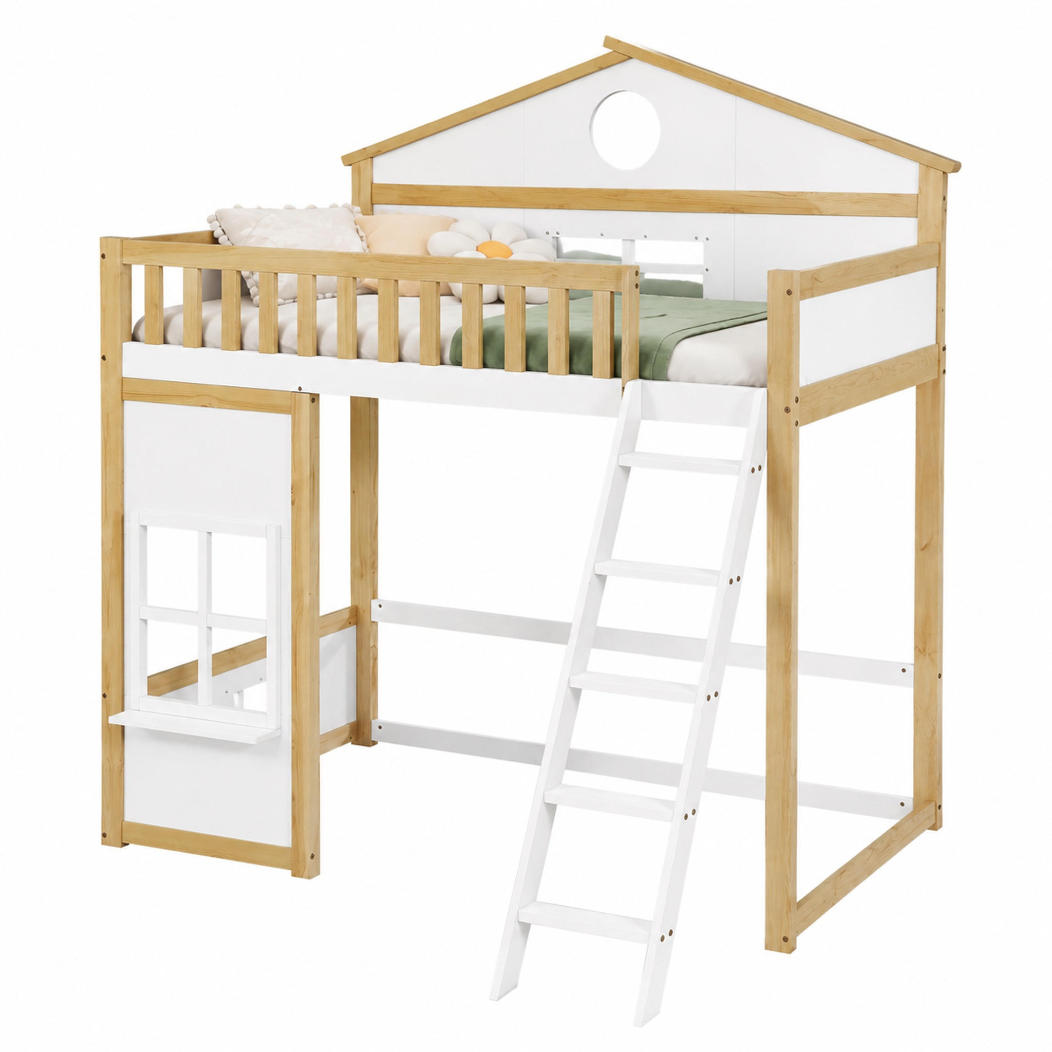 ETAGENBETT mit Treppe und Dach 90x200 cm Weiß/Natur - Weiß, Holz (90/200cm) - Meubliv