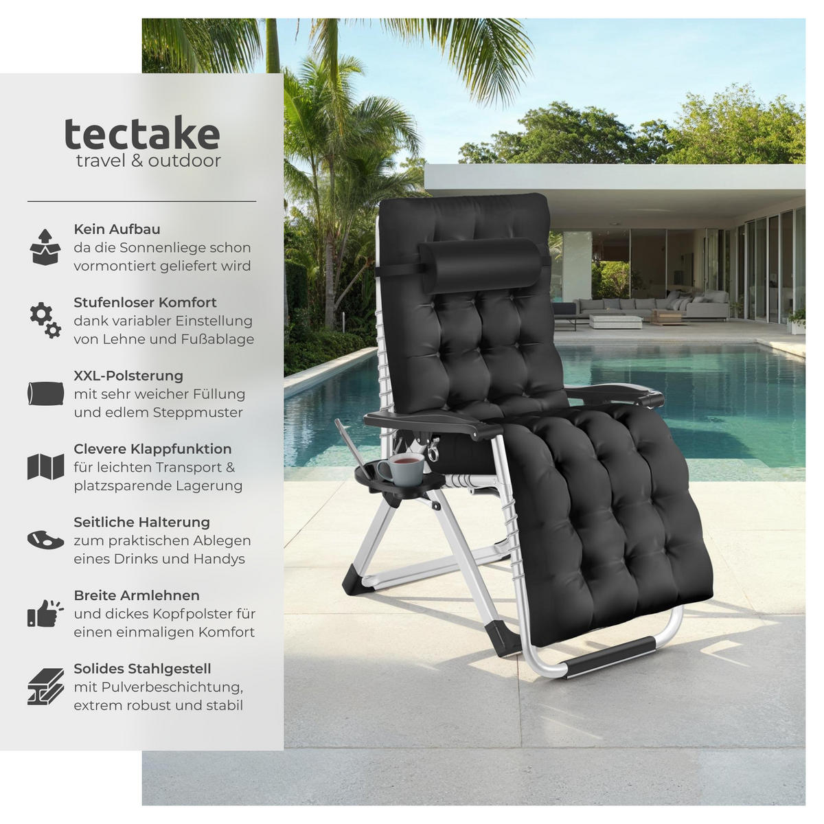 SONNENLIEGE Cloud,84 x 168 x 82,5 cm, mit Ablagetisch,schwarz - Schwarz, Kunststoff (84/103/113cm) - tectake