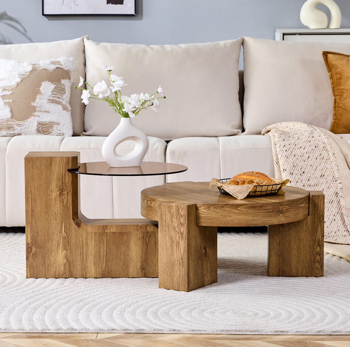 COUCHTISCH-SET 61/44 cm aus MDF und Glas, 2-teilig mit Ablage - Naturfarben, Holzwerkstoff (61/61/36cm) - Flora Grace