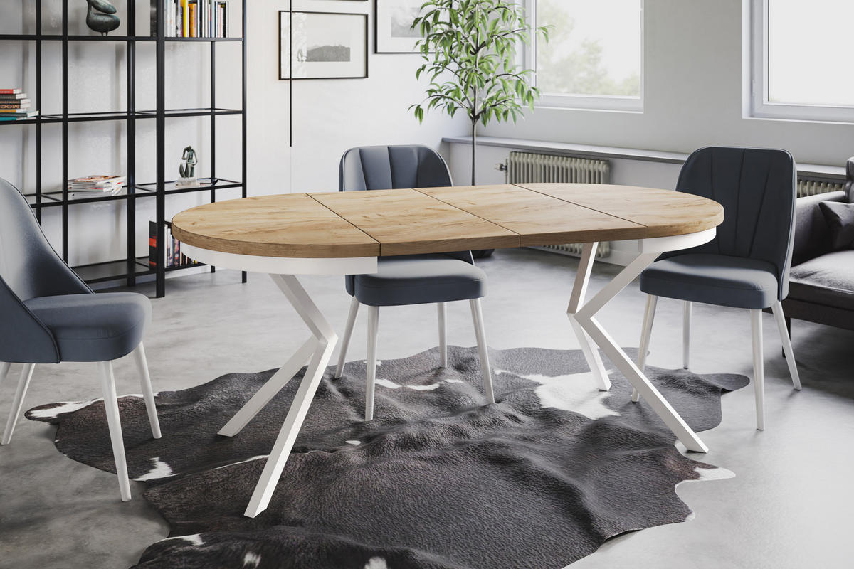 ESSZIMMERTISCH BERGO, ausziehbarer Tisch 90 cm/170 cm, Farbe: Braun, mit Metallbeinen in Farbe Weiß - Weiß/Braun, Holzwerkstoff (90/90/76cm) - Alpi-Möbel