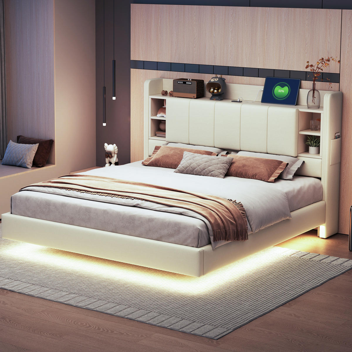 ČALÚNENÁ posteľ 160/200 cm s LED osvetlením, USB portom a úložným čelom, z ľanovej látky, Béžová - béžová, textil (160/200cm) - Redom