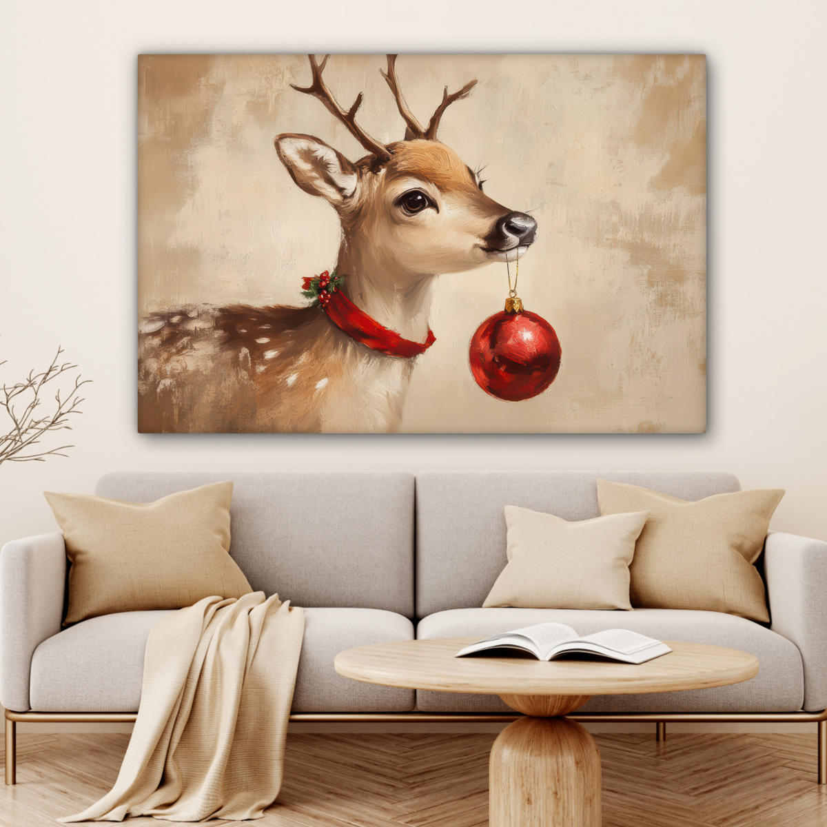 LEINWANDBILD Weihnachten - Hirsch - Geweih - Weihnachtskugel - Rentier XXL 150x100 cm - Hellbraun, Textil (150/100cm) - MuchoWow