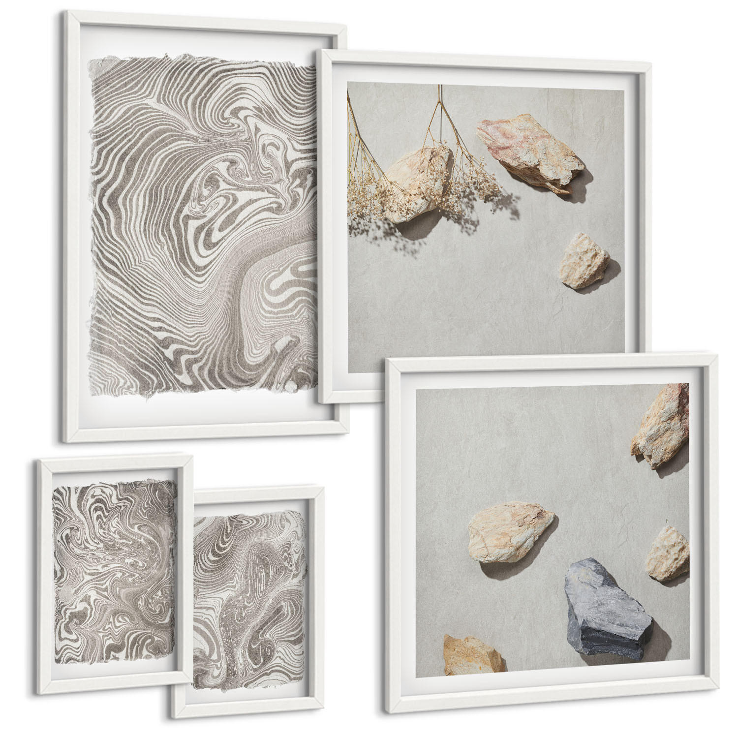 BILDER SET 5er Set - 50x50 cm & 20x30 cm & 40x60 cm Weißer Rahmen - Moderne abstrakte Formen - Weiß, Kunststoff (40/60cm) - TULUP