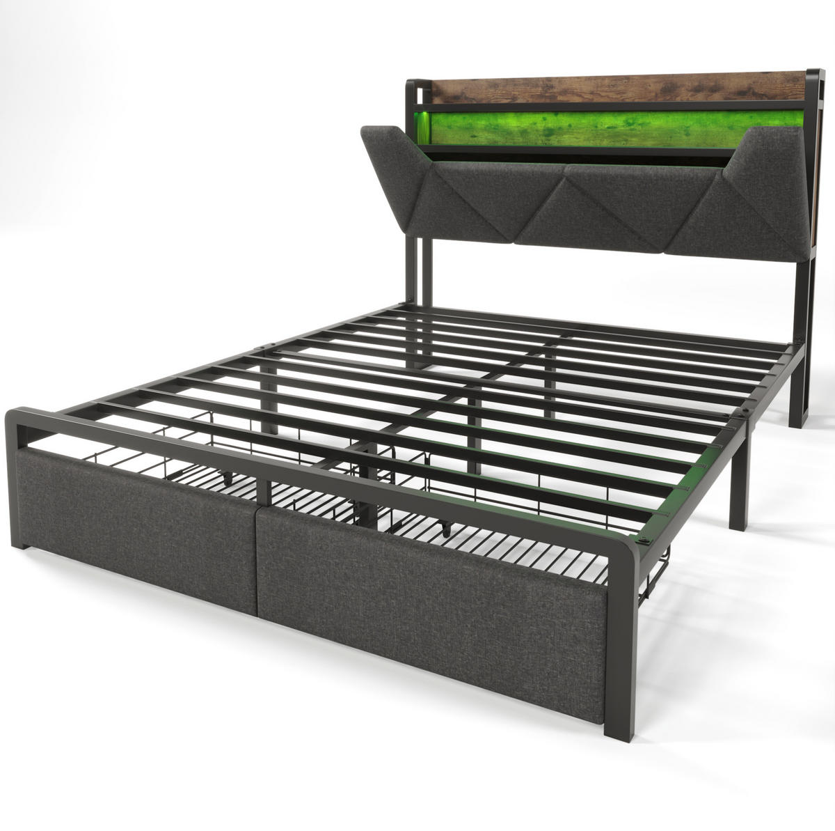 BETT mit Stauraum, LED und USB 160x200 cm Leinen Grau - Grau, Metall (160/200cm) - Meubliv