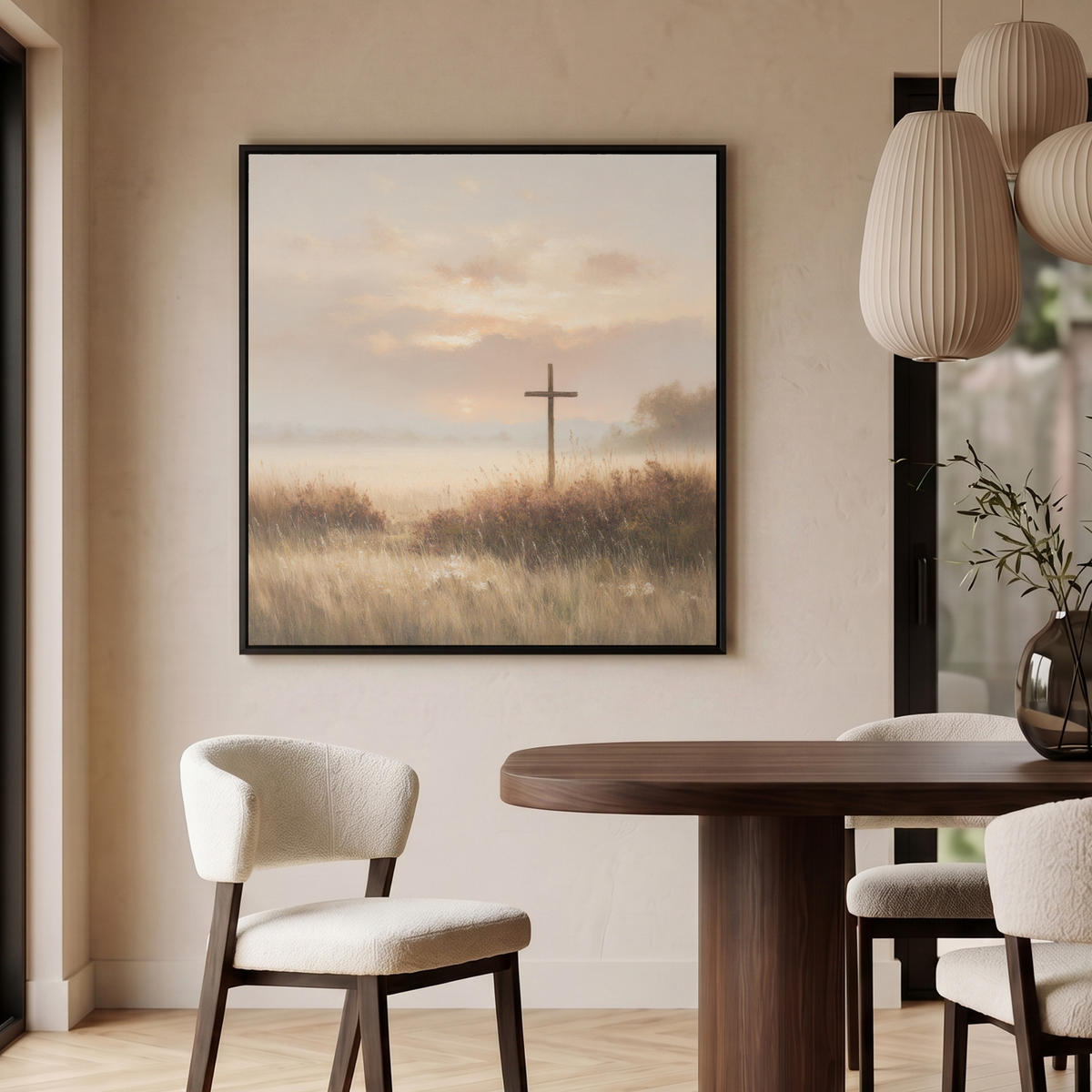 LEINWAND Bilder mit Rahmen - Gras - Morgennebel - Kreuz - Christentum - 90x90 - Beige, Textil (90/90cm) - MuchoWow