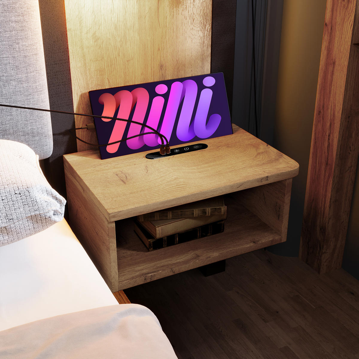 POLSTERBETT 180/200 cm Eiche mit Leselampe und USB-C-Nachttisch - Eichefarben, Metall (180/200cm) - OKWISH