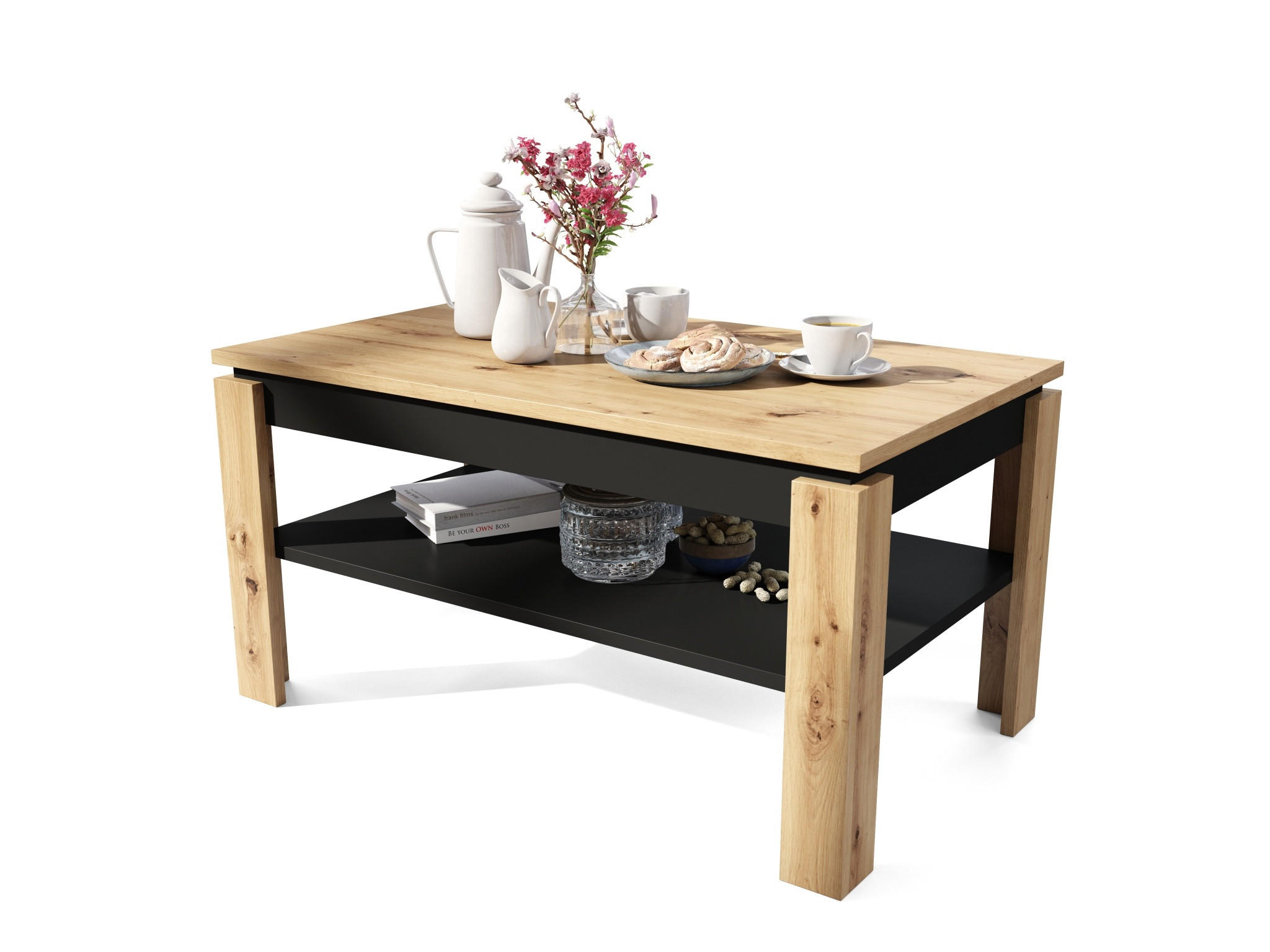 designimpex Couchtisch Schwarz, Eiche Artisan 100x55x60 cm