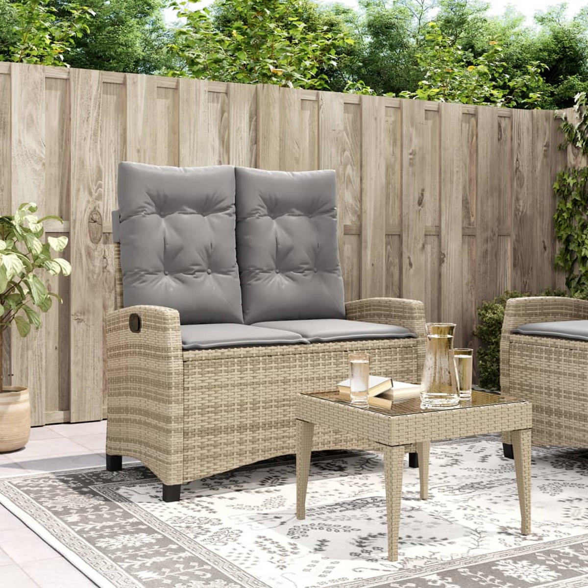 GARTENBANK Verstellbar mit Kissen Beige Poly Rattan - Beige, Kunststoff (105/93/66cm) - furnicato