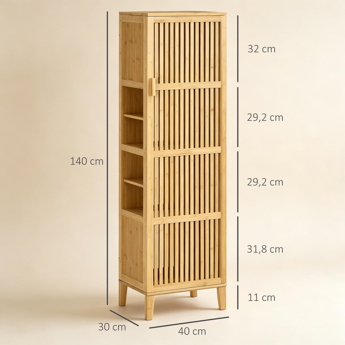 HOCHSCHRANK Natur aus Bambus 40/30/140 cm - Naturfarben, Holz (40/140/30cm) - PANGIVO