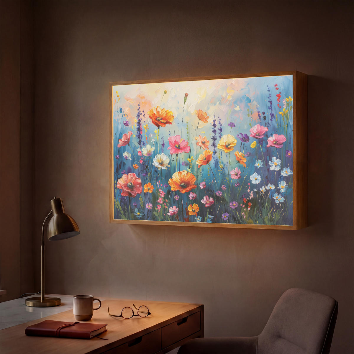 NÁSTĚNNÁ LAMPA S AKUMULÁTOREM Květiny - Příroda - Akvarel - Umění 90x60 cm - různobarevná, kompozitní dřevo (90/60/8cm) - OnlyWow