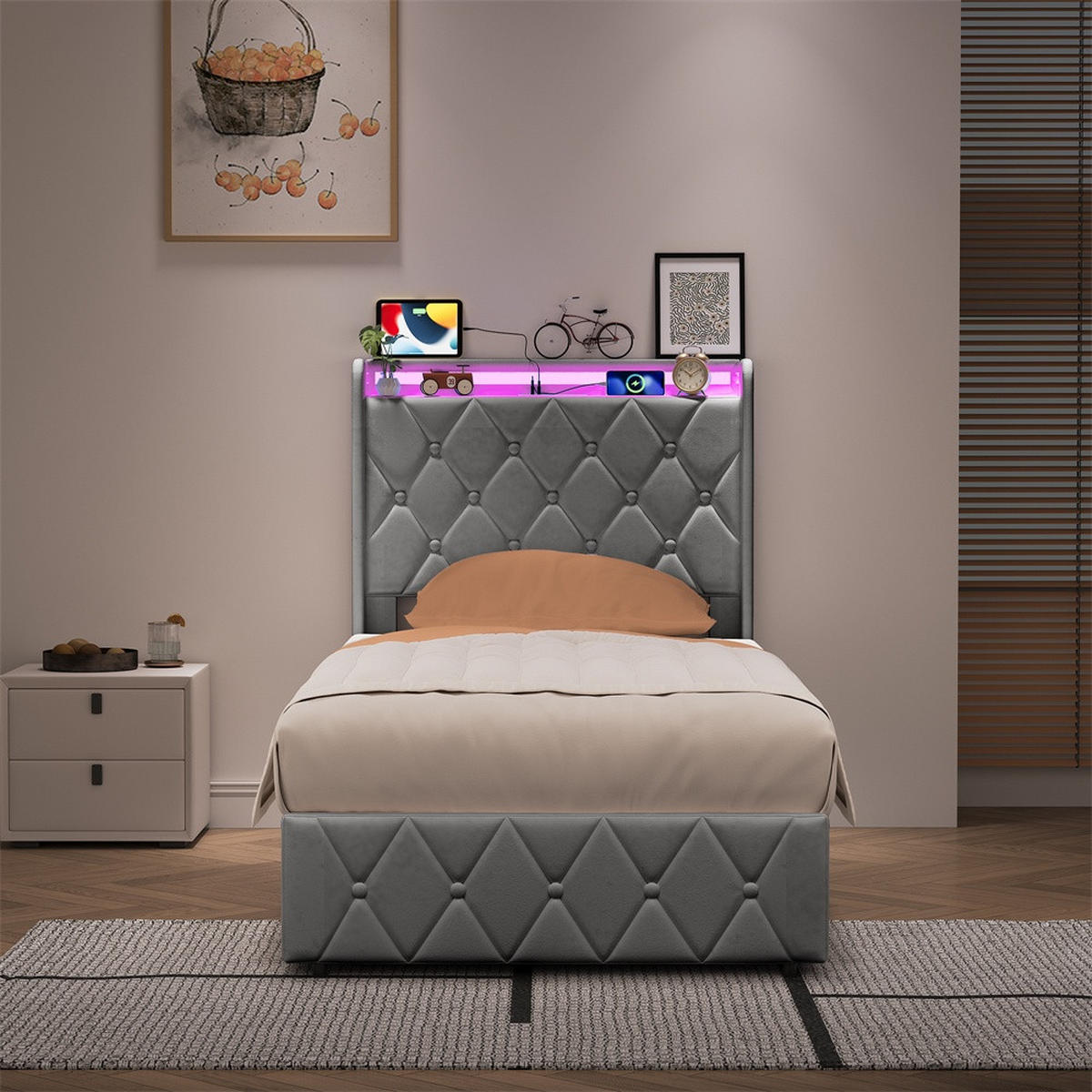 POLSTERBETT 90x200 cm mit hydraulischem Stauraum - Kopfteil Regal & LED - USB - ohne Matratze - Grau - Grau, Textil (90/200cm) - DELFA