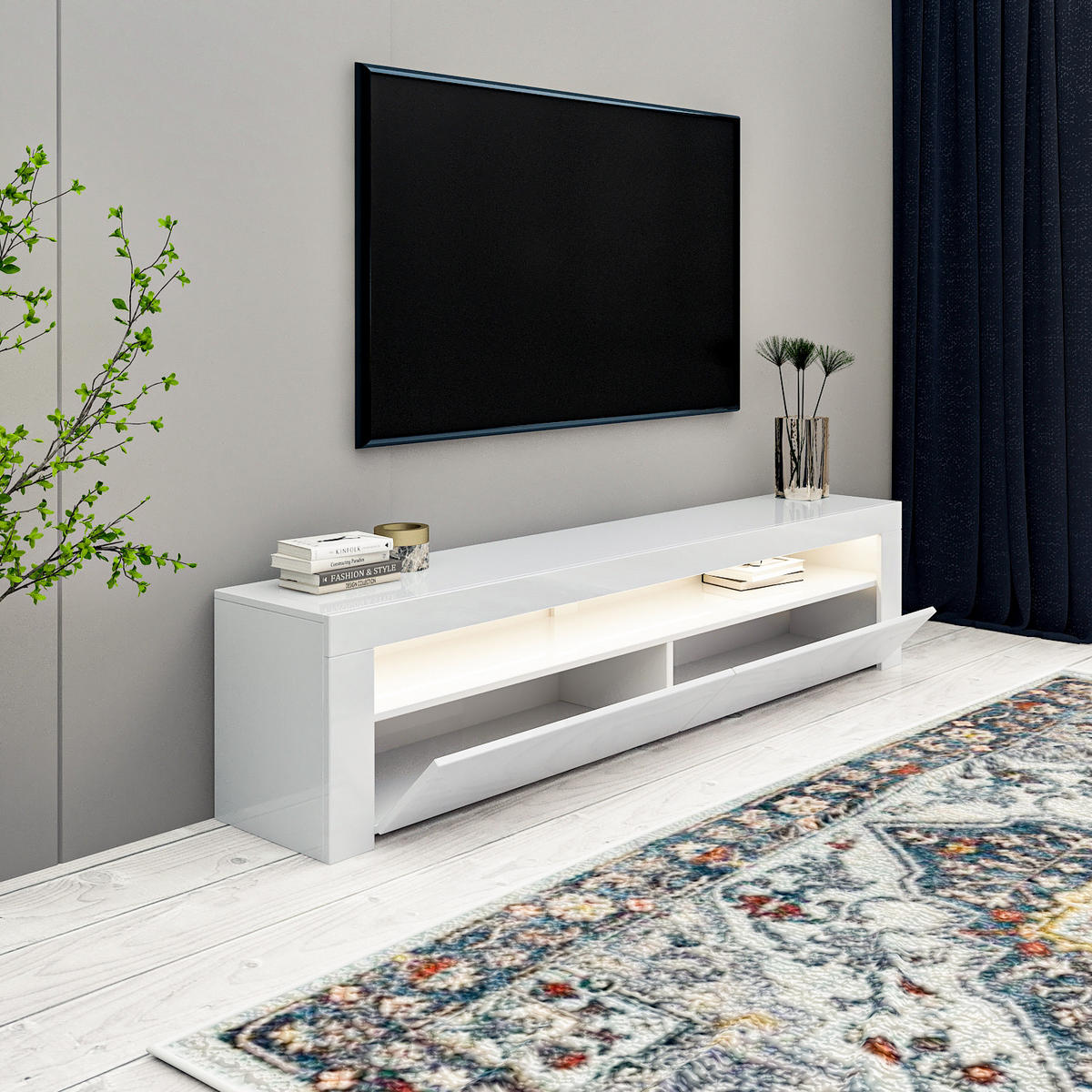 TV Lowboard Bati Weiß mit LED-Beleuchtung 92390 - Weiß, Holzwerkstoff (150/47/36.8cm) - moebel17