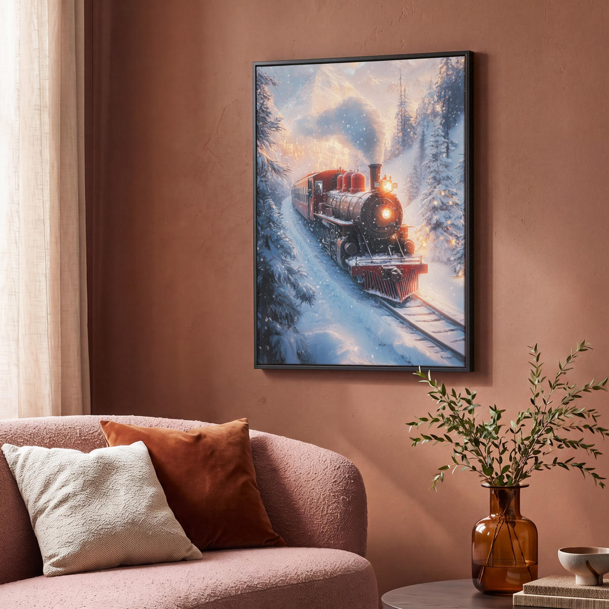 LEINWAND Bilder mit Rahmen - Weihnachtszug - Schnee - Winter - Weihnachten - 70x100 - Dunkelrot, Textil (70/100cm) - MuchoWow