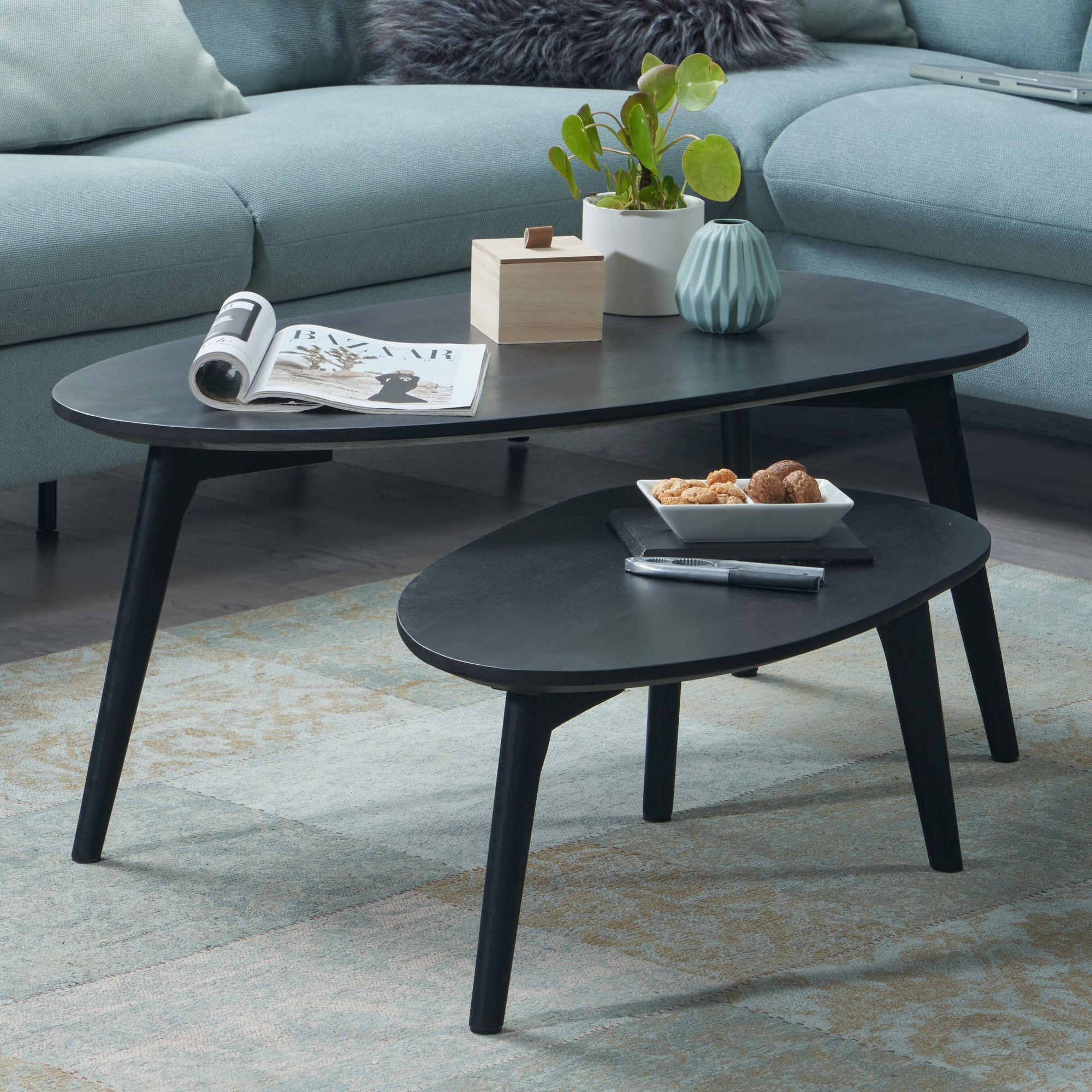 COUCHTISCH 2er Set Massivholz Nierenform Retro Handgefertigt, Schwarz 100x50x42 cm - Schwarz, Holz (50/100/42cm) - KADIMA DESIGN
