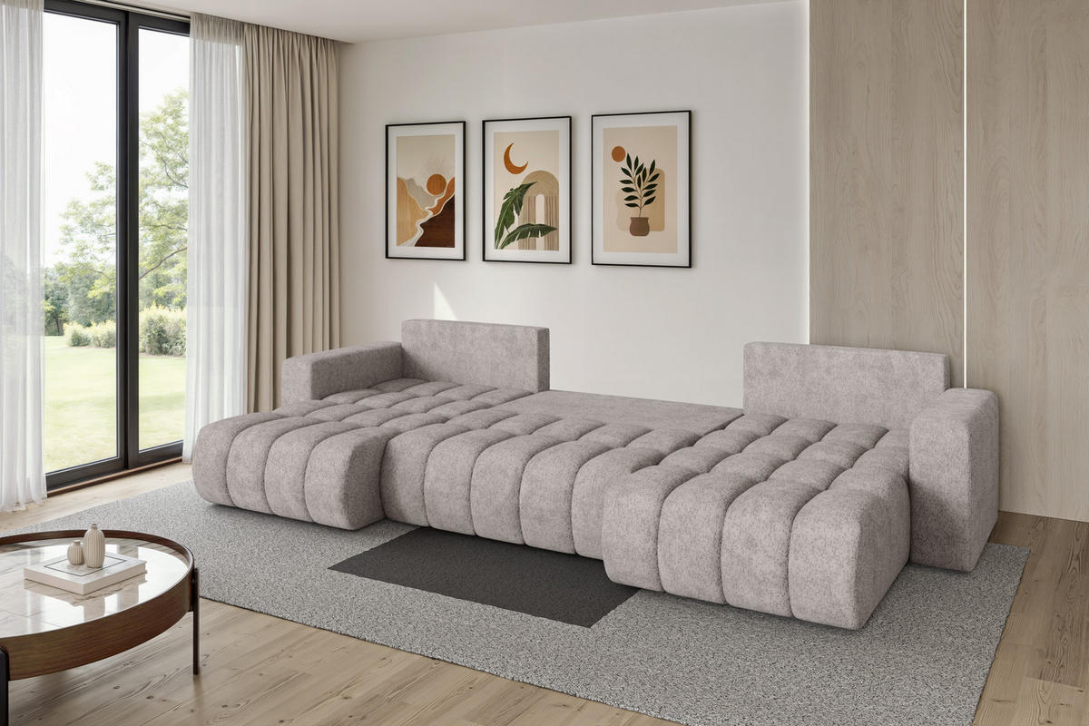 SEDACÍ SOUPRAVA DO U s funkcí spaní a úložným prostorem MILA-U-v1 378x194x86 světle šedá velur - černá/světle šedá, kompozitní dřevo/textil (378/86/194cm) - ALTDECOR